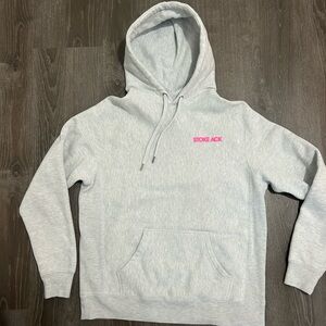Light Heather Gray Hoodie with Pink 'STOKE ACK' Logo